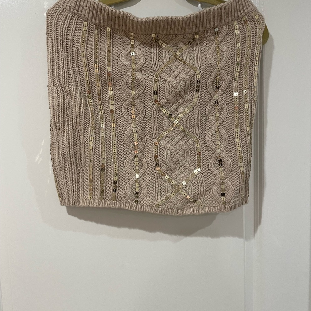 Moda International Women's Cable Knit Crew Sweater in Cream with Sequin Trim